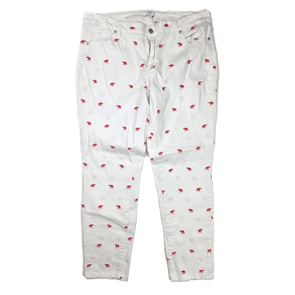 Crown & Ivy White Pink Embroidered Elephants Cropped Jeans Women's Size 14 34x28